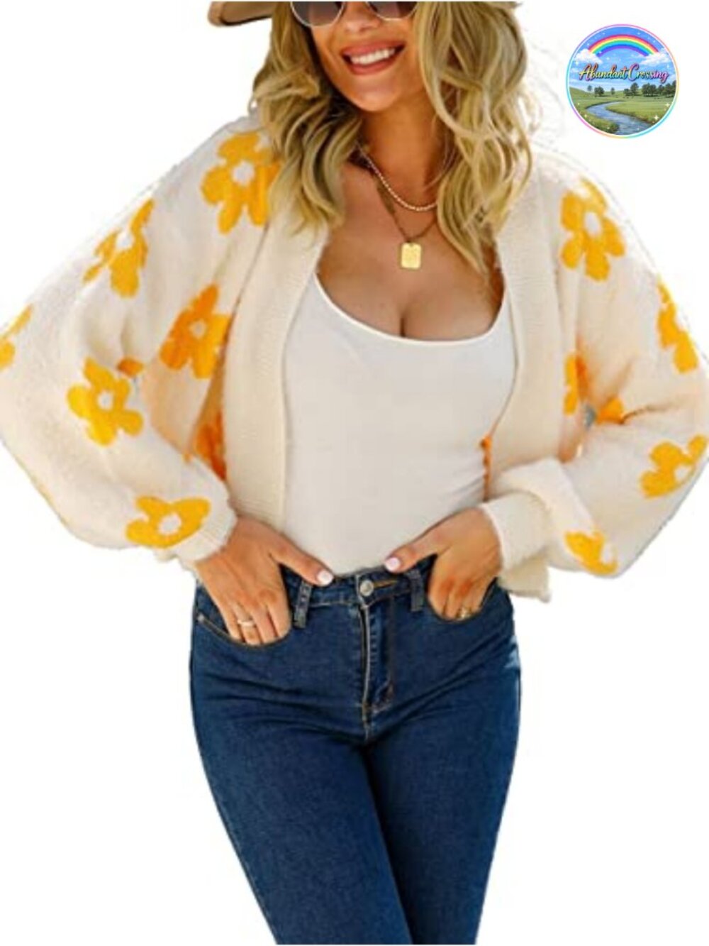 Fuzzy Daisy Print Cropped Cardigan Open Front Knit Sweater
